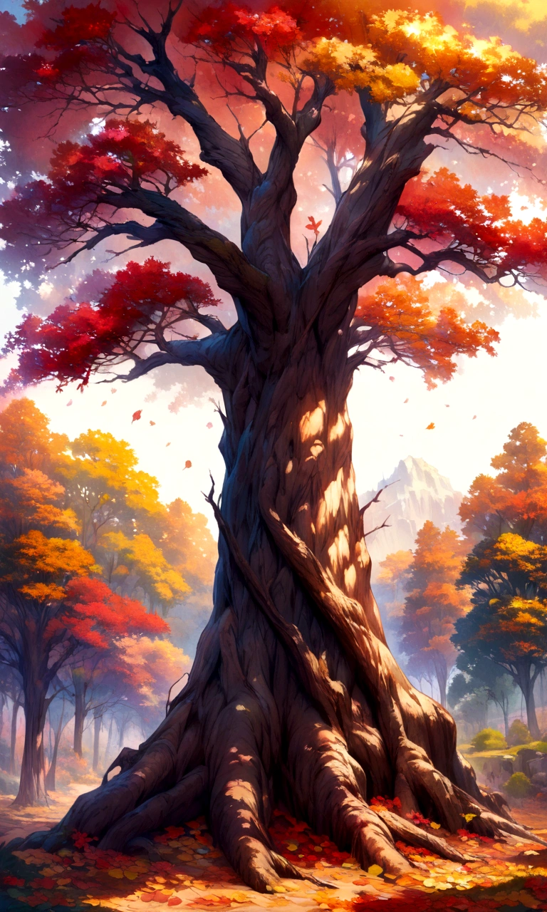horizontal hyperrealistic tree colorful leaves, painted in oil, 