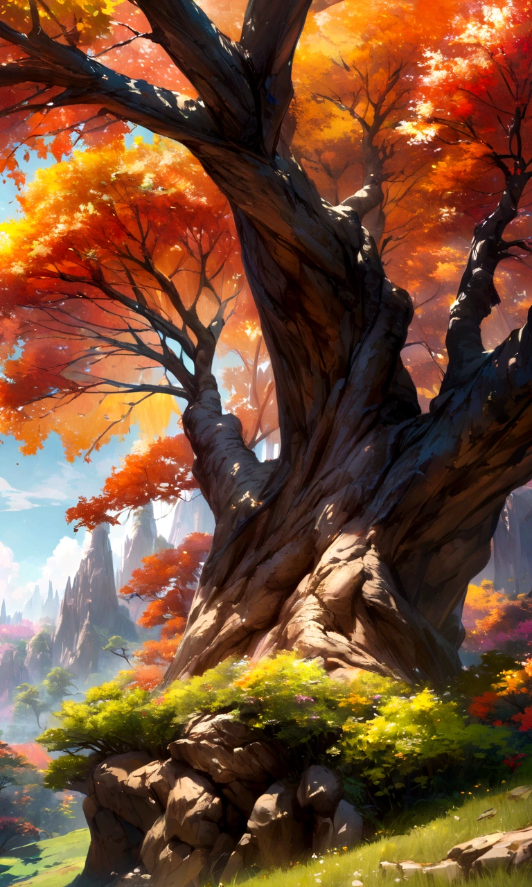 horizontal hyperrealistic tree colorful leaves, painted in oil,