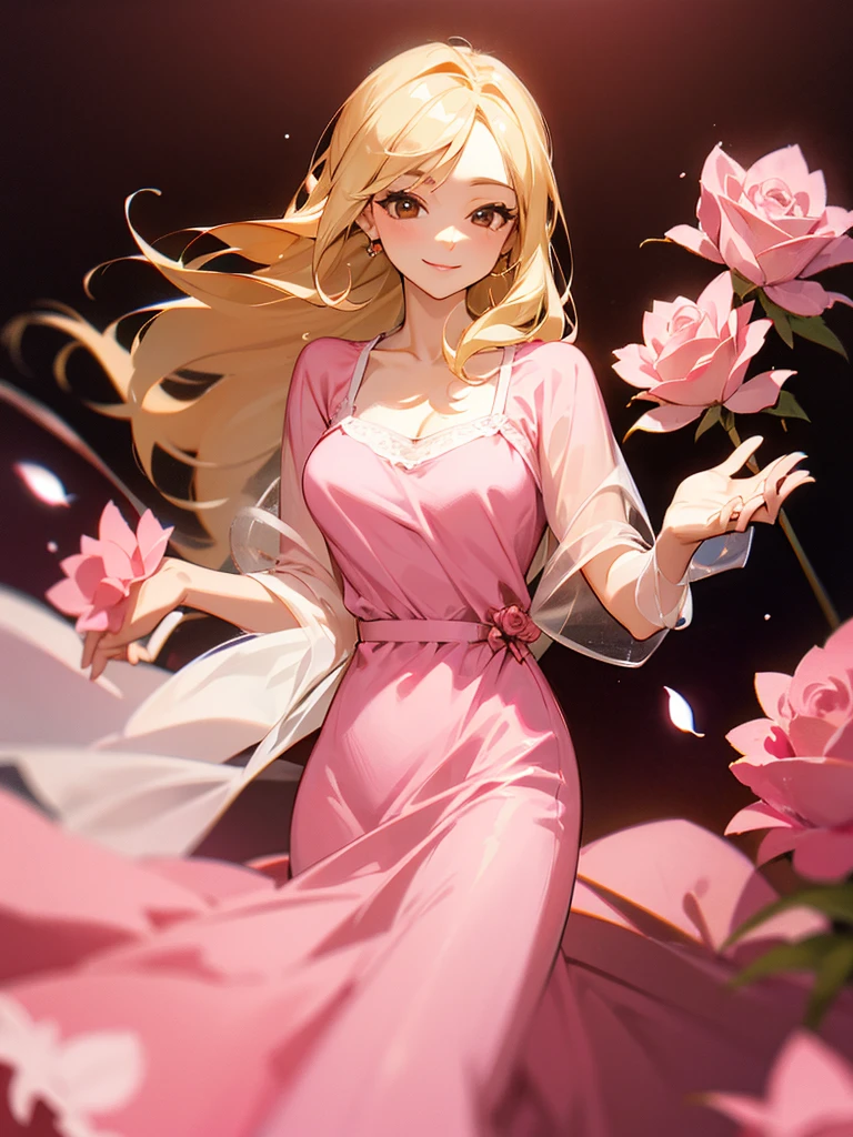 Blonde hair, pink nightgown, roses, brown eyes, mature woman, smiling
