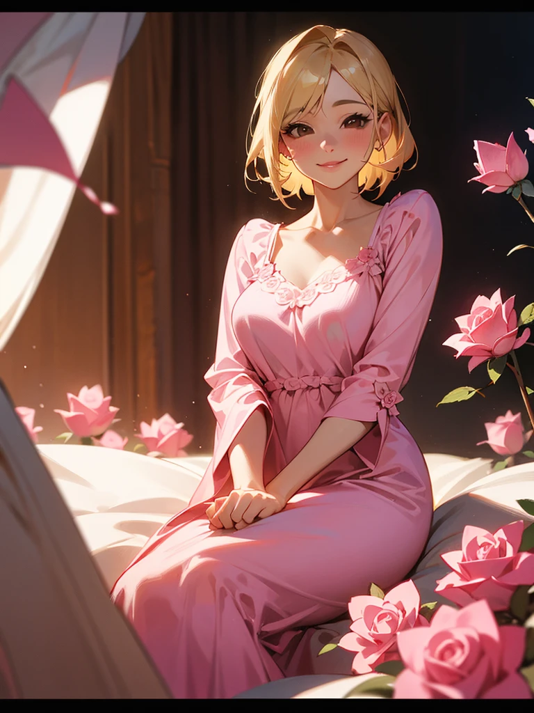 Blonde hair, pink nightgown, roses, brown eyes, mature woman, smiling