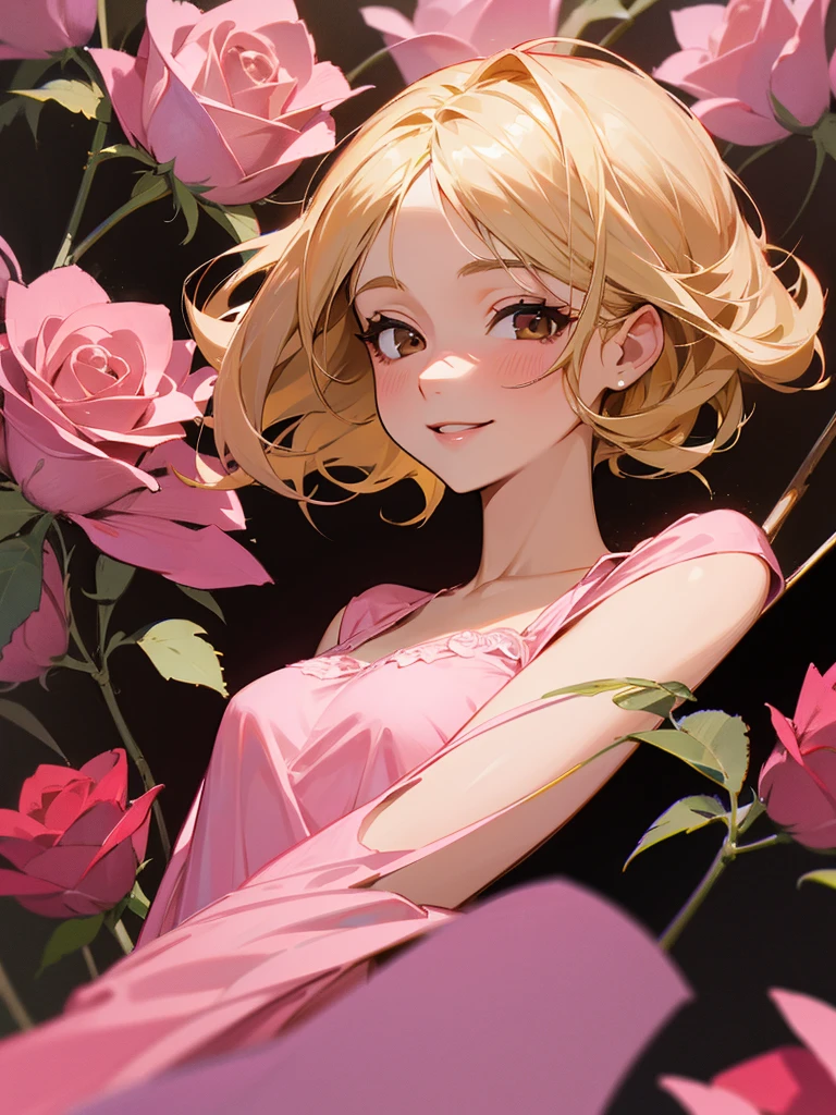 Blonde hair, pink nightgown, roses, brown eyes, mature woman, smiling