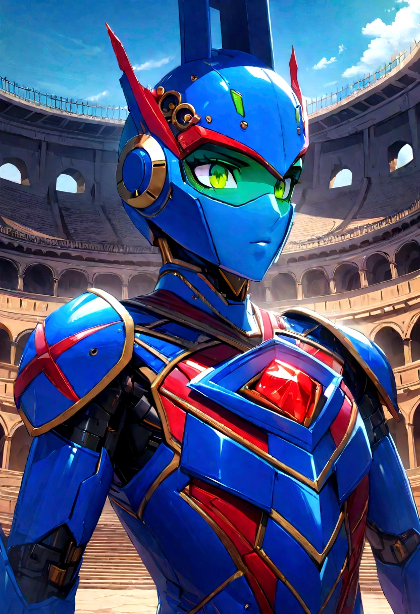 Highest quality, masterpiece, High resolution, detailed, Digital Art, boy, Android, X Rockman, Blue Helmet, Green Eyes, Red Crystal, Blue Armor, Colosseum, Upper Body,Personification,Real,8K