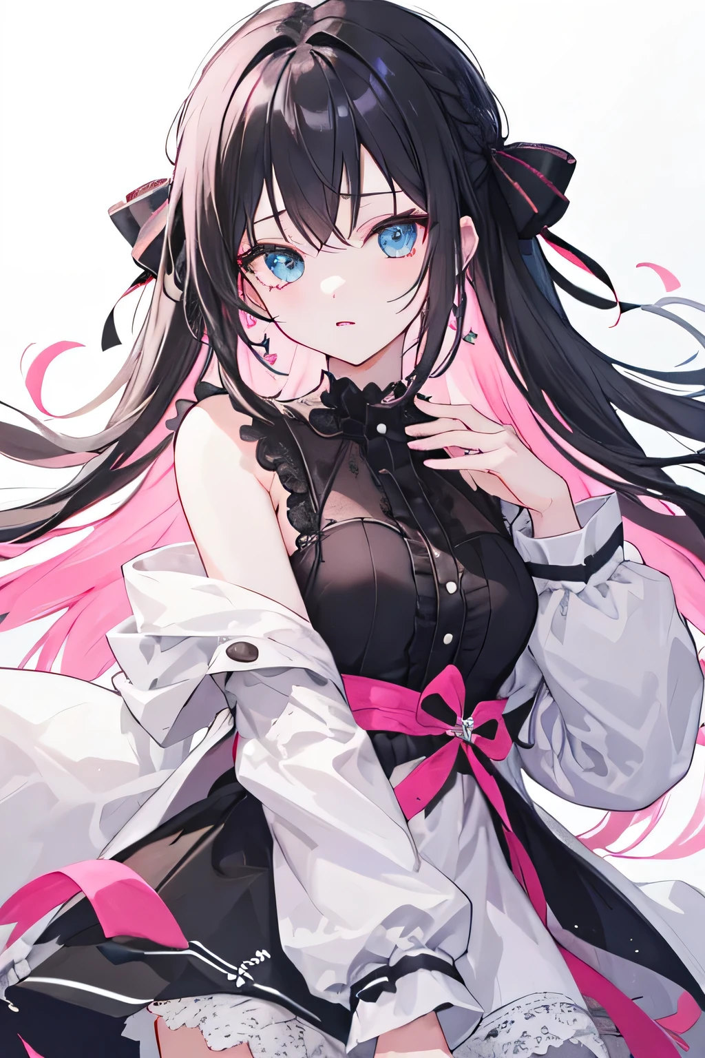 Highest quality、One girl、Hair color: Black hair, inner white、Long Hair、Game Distribution、Tsundere、Eye color is light pink-grey