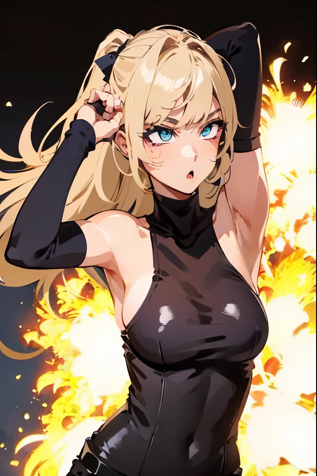 holding a pistol 、Sleeveless、'No sleeve'恥ずかしい、Embarrassed、Only the face、Face Up、1 person、No sleeve、Ahegao、ponytail、blonde、amount、Blue Leather Shirt、Sara、No sleeve、best quality, super fine illustration,(((beautiful fine hair))),(((beautiful fine face))),(((beautiful fine background))),blue-black leather pants, silver zipper,belt below the waist,super fine illustration,(((beautiful fine hair))),(((beautiful fine face))),(((beautiful fine background))),normal small size,bangs bangs ,(((beautiful fine hair))),(((beautiful fine face))),(((beautiful fine background))),blond hair , showing forehead, silver center zipper, leather blue black bodysuit, sleevelesblue blacks, shiny, blonde ponytail