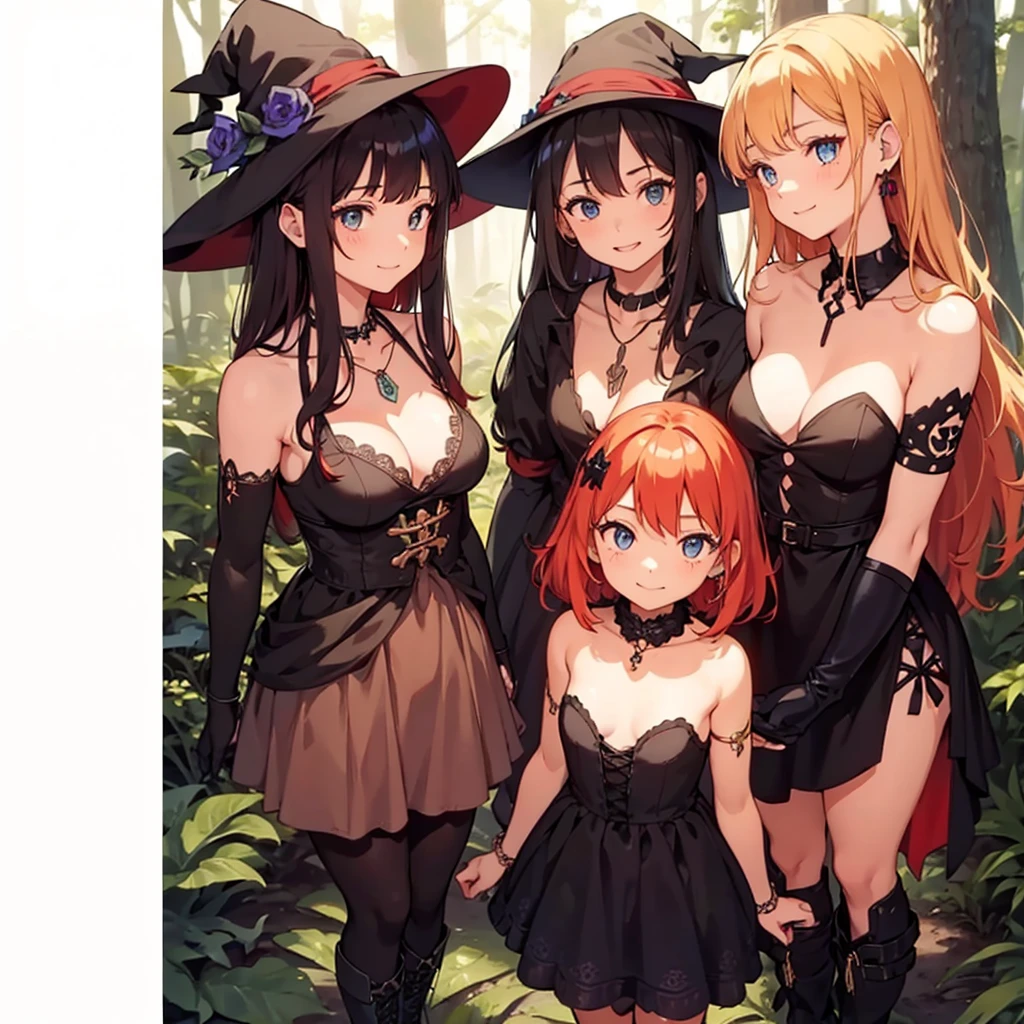 a group of beautiful witch girls in the middle of a forest in the night, tribal tattoo ,multiple girls, five girls, red and blonde hair , standing girl young girl, gloves, elbow pads, boots, smiles, small breasts, long black dress, necklaces, jewelry decorations , black red hair , red hair , black hair , blonde hair, blue eyes, full body,