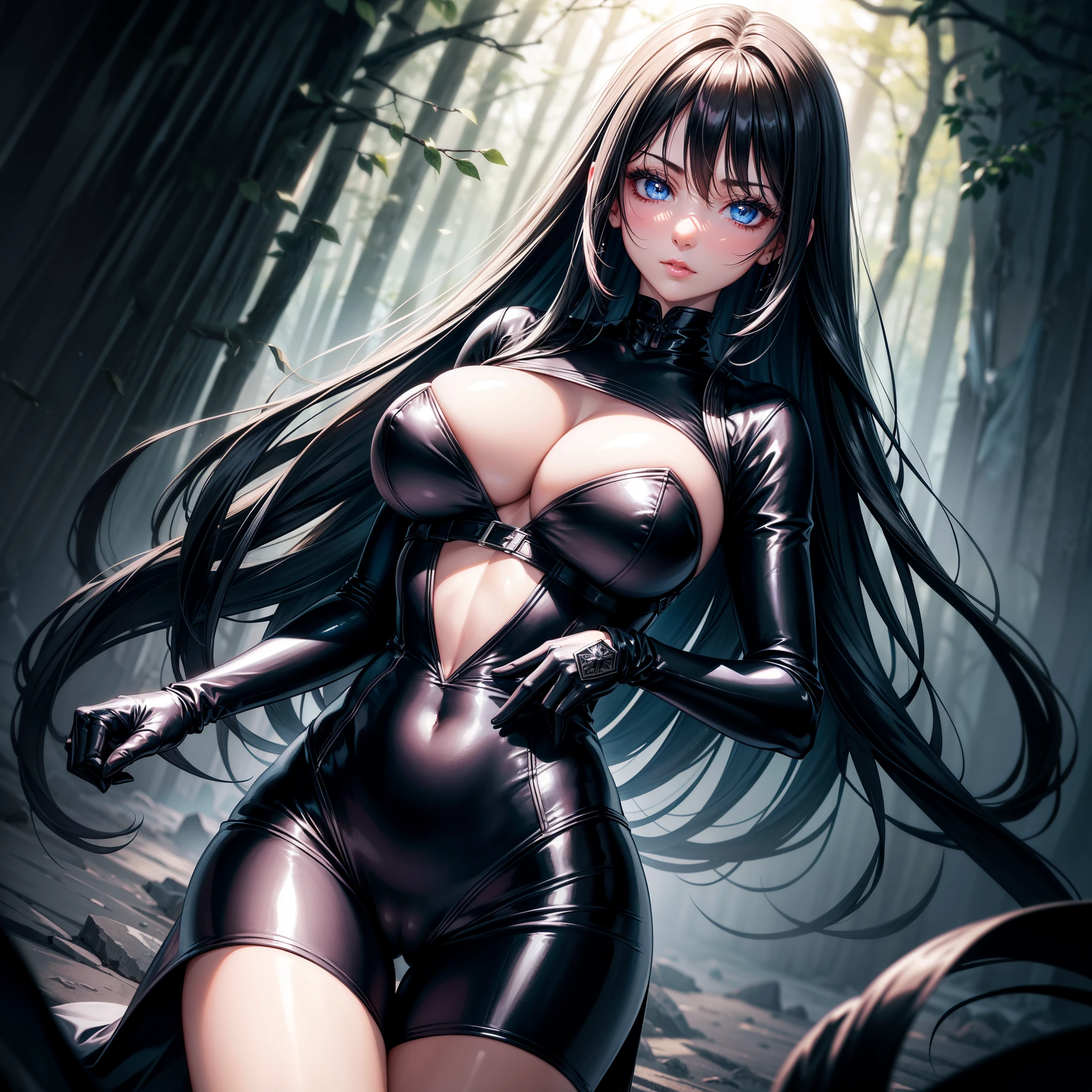 very detailed face, detailed clothing, detailed fabric, 1 woman, perfectly drawn body, huge breasts, sexy pose, beautiful face, long black hair, blue eyes, very detailed eyes, pink cheeks, shy expression, (Shiny black tight bodysuit), black gloves, gloves covering hands, Sensual lips , dinner de invierno, Show details at a glance, View from the front, looking at viewer, dark road, Dark Forest, dinner, atmosphere, Fog
