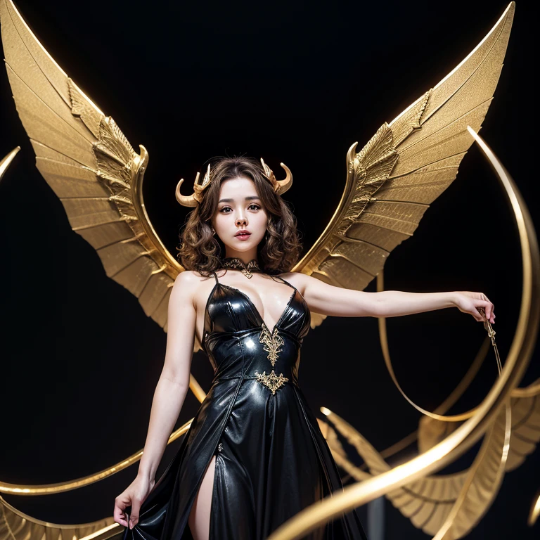 Woman, short curly brown hair, golden long horns, black dress, big wings, flying