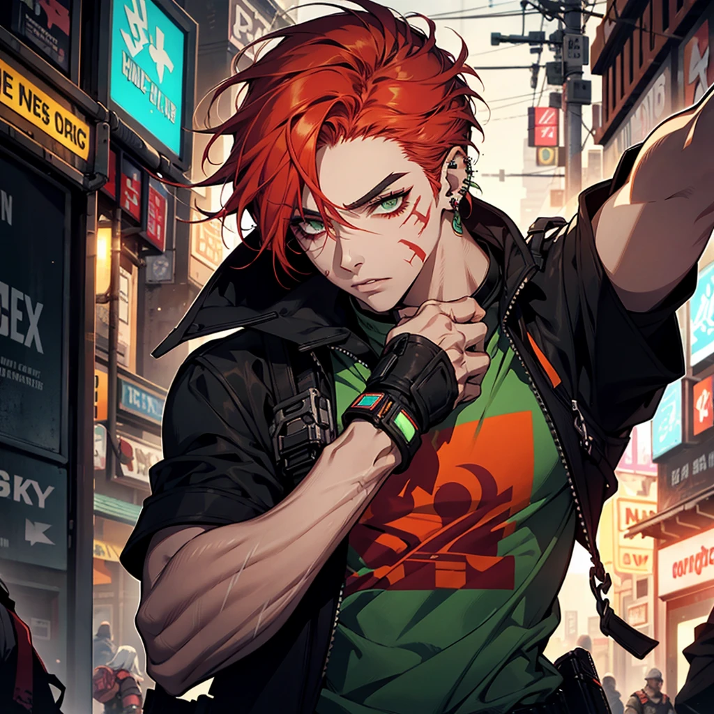 1 chico, redhead, high, muscular, White skin, parts, green eyes, postapocalyptic world, technology, deaf, Neon colors, poor clothes, neon lights, punk style, piercings on eyebrows, piercings on lips and ears, scars on hands and arms