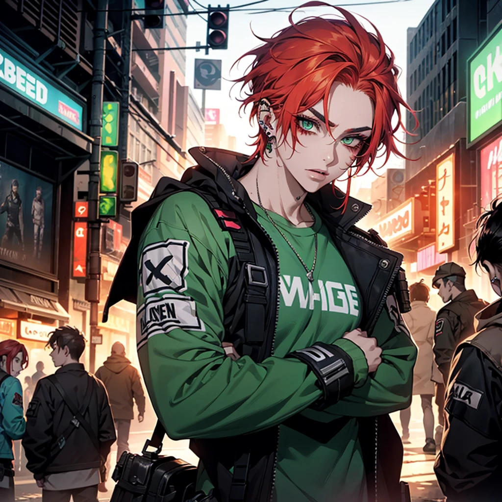 1 chico, redhead, high, muscular, White skin, parts, green eyes, postapocalyptic world, technology, deaf, Neon colors, poor clothes, neon lights, punk style, piercings on eyebrows, piercings on lips and ears, scars on hands and arms