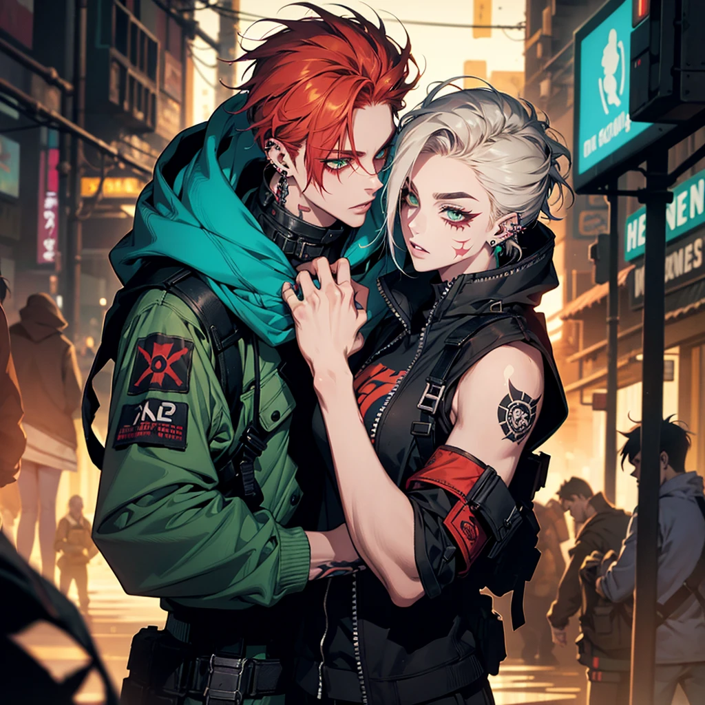 1 chico, redhead, high, muscular, White skin, parts, green eyes, postapocalyptic world, technology, deaf, Neon colors, poor clothes, neon lights, punk style, piercings on eyebrows, piercings on lips and ears, scars on hands and arms