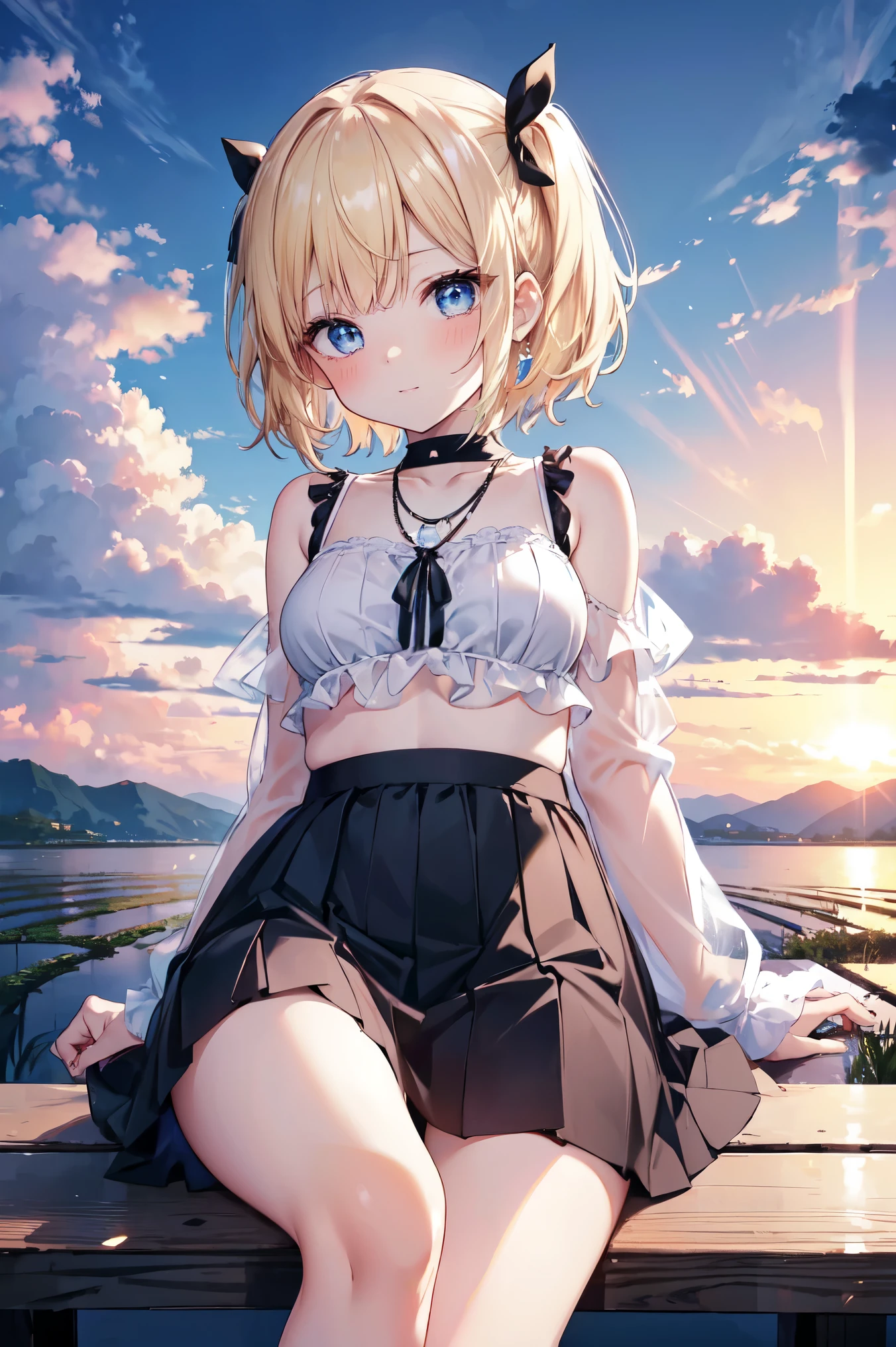Absurd, Ultra-detailed,Bright colors, Very beautiful and detailed anime faces and eyes, View from the front, ;d, Shiny_skin,Age 25, , Sheer white 、Black socks、Checkered skirt Stylish bra、short hair, , Asymmetrical bangs, Blonde hair in short pigtails, Shiny髪, Boobs Delicate Beautiful Face, blush、(Deep blue eyes:1.3)、evening、There are many rice fields, Sunset over many fields、Orange View、Small Necklace、