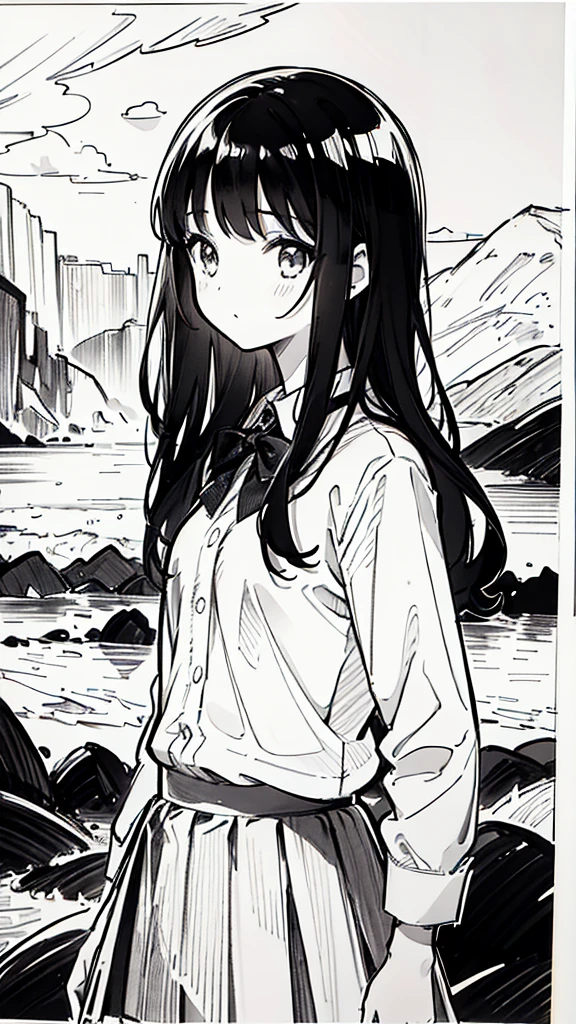One Girl,Line art,Monochrome,sketch,Pencil drawing,Traditional Media,One Girl, skirt,Cute Teenage Girls, ,Beautiful portrait、Delicate body、Black Hair、Black Hair,landscape,Black and White