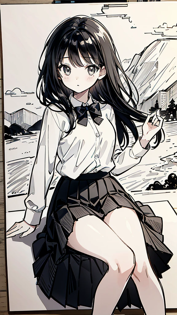 One Girl,Line art,Monochrome,sketch,Pencil drawing,Traditional Media,One Girl, skirt,Cute Teenage Girls, ,Beautiful portrait、Delicate body、Black Hair、Black Hair,landscape,Black and White