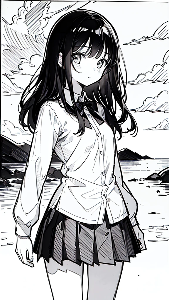 One Girl,Line art,Monochrome,sketch,Pencil drawing,Traditional Media,One Girl, skirt,Cute Teenage Girls, ,Beautiful portrait、Delicate body、Black Hair、Black Hair,landscape,Black and White