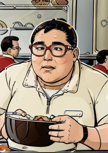 Wearing transparent red prescription glasses,(((He is very chubby and is having a meal in the cafeteria with other Astronauts))), Inside the spacecraft.