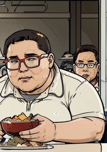 Wearing transparent red prescription glasses,(((He is very chubby and is having a meal in the cafeteria with other Astronauts))), Inside the spacecraft.