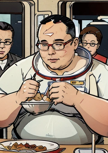 Wearing transparent red prescription glasses,(((He is very chubby and is having a meal in the cafeteria with other Astronauts))), Inside the spacecraft.