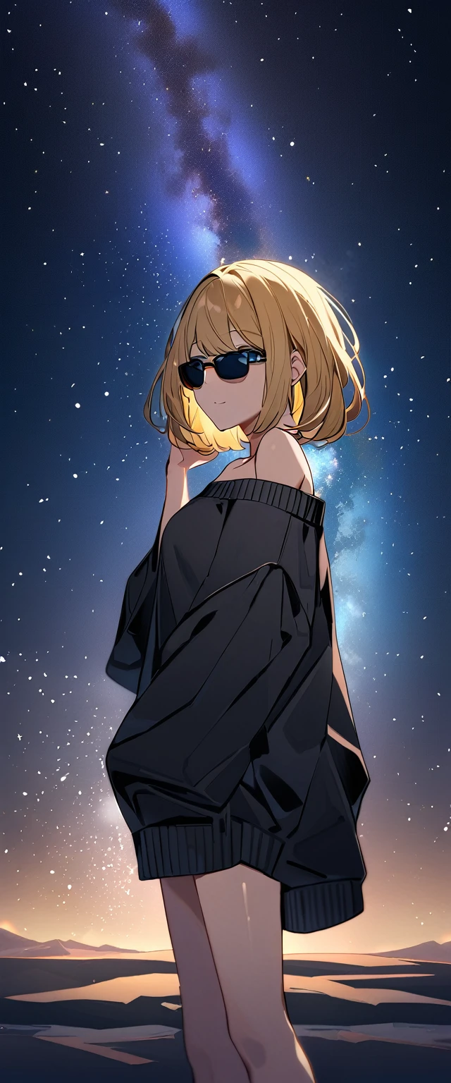 (((a starry sky, the Milky Way shining beautifully in the night))), ((bare legs)), (((sunglasses, hand to sunglasses))), ((())), ((wavy hair, inward curled hair)), (()), ((blond hair, bob cut:1.3)), breasts, teenager, (looking at viewer), oversized clothes, puffy long sleeves, ((off-shoulder sweater:1.3, Quite thick shoulder straps)), ((black sweater)), collarbone, head tilt:1.3, (((blue eyes))), ((happy smile)), (((anime style))), (best quality, 4K, 8K, highres, masterpiece:1.2, ultra-detailed, ultra-detailed eyes, HDR, uhd, studio lighting, ultra-fine painting, sharp focus, physically-based rendering, extreme detail description, professional, vivid colors, bokeh)