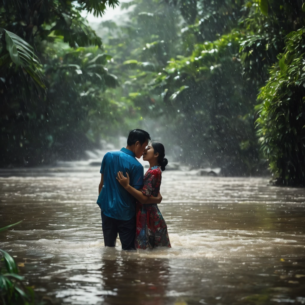 Stop-action photo of a couple who love each other, Indonesian faces, 25 years old, enjoying hugging and kissing passionately in the rain. his body grazed the raindrops, creating the image of raindrops frozen in the air, as if frozen by the wondrous power of love. very detail. masterpiece. beautiful light. in the middle of a river in a dense tropical forest.