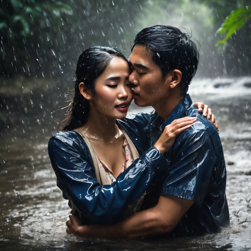 Stop-action photo of a couple who love each other, Indonesian faces, 25 years old, enjoying hugging and kissing passionately in the rain. his body grazed the raindrops, creating the image of raindrops frozen in the air, as if frozen by the wondrous power of love. very detail. masterpiece. beautiful light. in the middle of a river in a dense tropical forest.