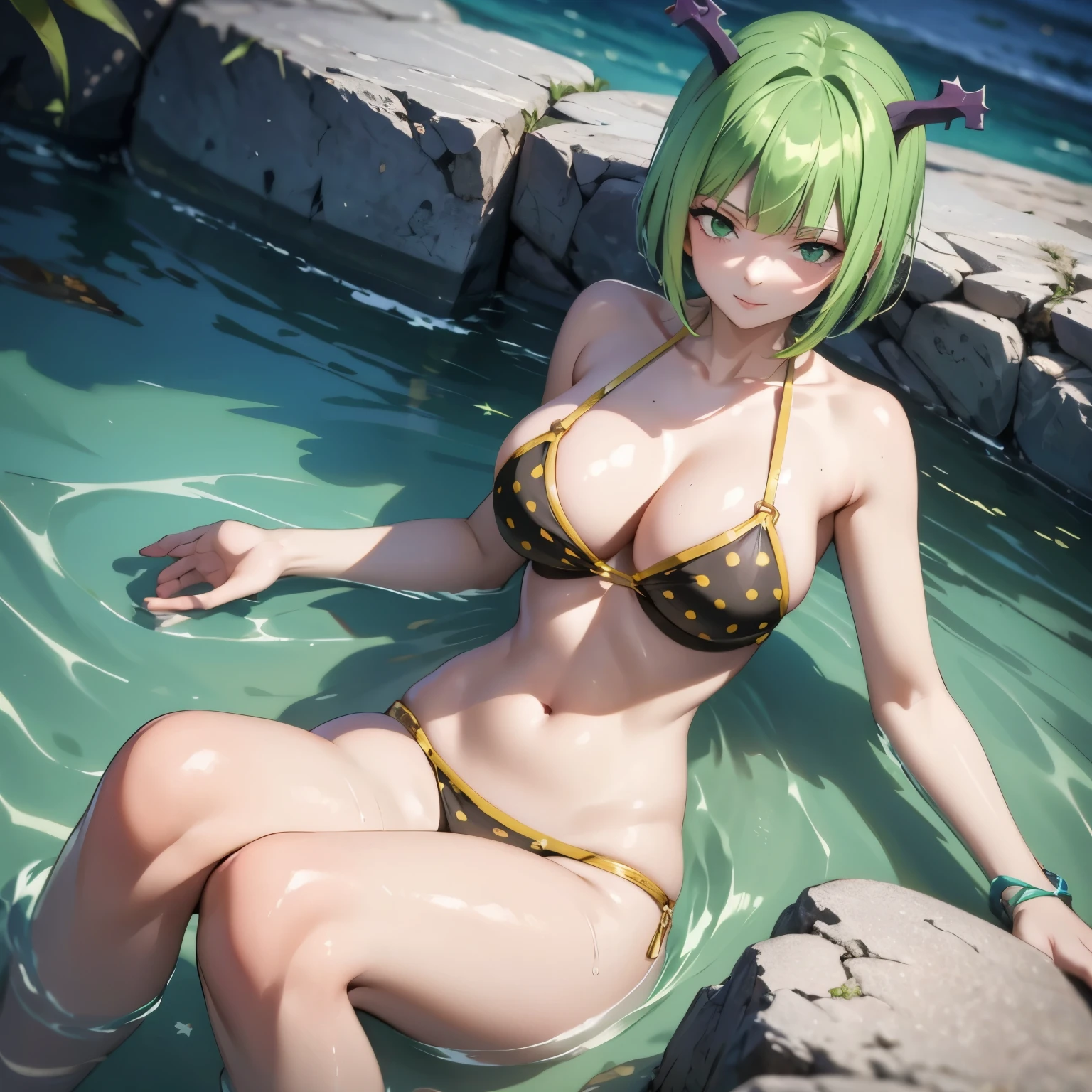 Brandish, Woman 20 years old, short green hair, detailed green eyes, flirtatious smile, blush, , yellow bikini with dots, drops of water on his chest, WET BODY, splashing water , He is bathing in a crystalline lake.