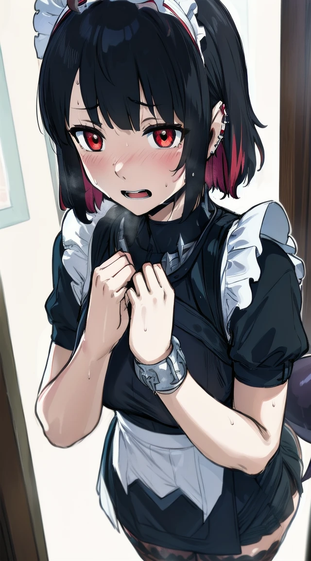 1girl,((black hair))
BREAK ((ellen joe, black hair, colored inner hair, multicolored hair, (red eyes:1.3), red hair, short hair, two-tone hair,apron, black pantyhose, black shirt, black skirt, ear piercing, fins, fish tail, maid, maid apron, maid headdress, pantyhose, piercing, puffy short sleeves, puffy sleeves, shark girl, shark tail, shirt, short sleeves, skirt, tail, two-tone hair, wrist cuffs,:1))
BREAK ((sweating,blushing,open mouth,tougue out:1.4))
BREAK indoors,
BREAK looking at viewer,
BREAK (masterpiece:1.2), best quality, high resolution, unity 8k wallpaper, (illustration:0.8), (beautiful detailed eyes:1.6), extremely detailed face, perfect lighting, extremely detailed CG, (perfect hands, perfect anatomy),
