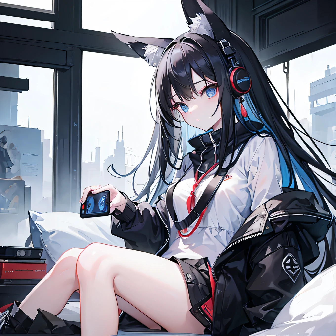 High resolution, (masterpiece: 1.4), Super detailed, One young woman、Game Distributor、Black hair with white inner long hair、Wearing a single white headphone、Sitting and playing games、