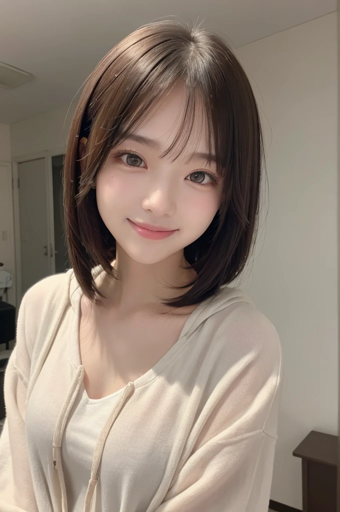 highest quality, masterpiece, High resolution, One girl, Tyndall effect, photographのようにリアル,, Rim Light, Two-tone lighting, (高い detailed skin:1.2), 8K Ultra HD, Digital SLR, Soft lighting, High quality, Volumetric lighting, Frank, photograph, High resolution, 4K, 8k,Smiling with teeth showing,Ultra high definition,Black Hair,Bangs,Pale skin,hoodie,Moe sleeves,Pink Room,short hair