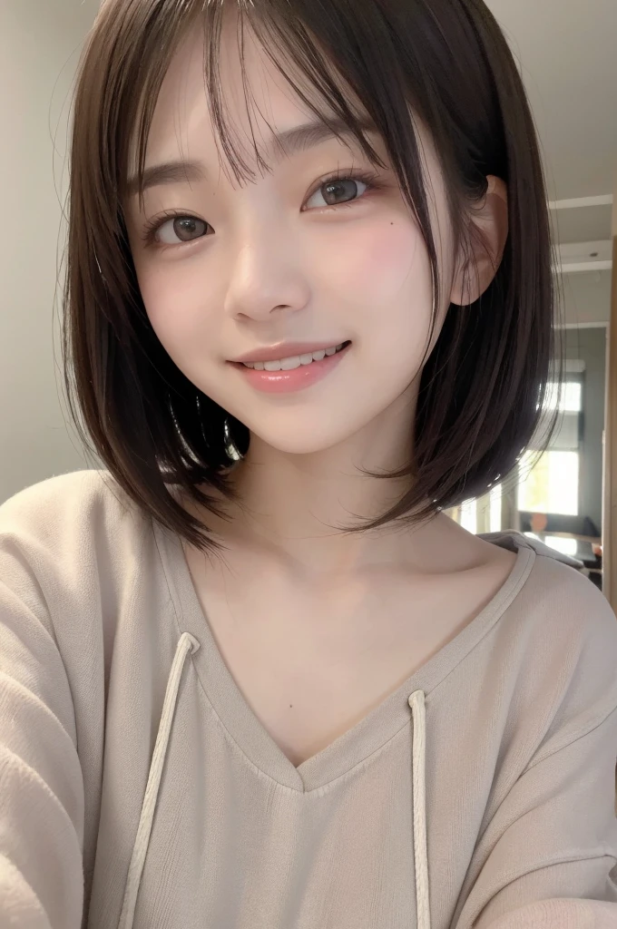 highest quality, masterpiece, High resolution, One girl, Tyndall effect, photographのようにリアル,, Rim Light, Two-tone lighting, (高い detailed skin:1.2), 8K Ultra HD, Digital SLR, Soft lighting, High quality, Volumetric lighting, Frank, photograph, High resolution, 4K, 8k,Smiling with teeth showing,Ultra high definition,Black Hair,Bangs,Pale skin,hoodie,Moe sleeves,Pink Room,short hair