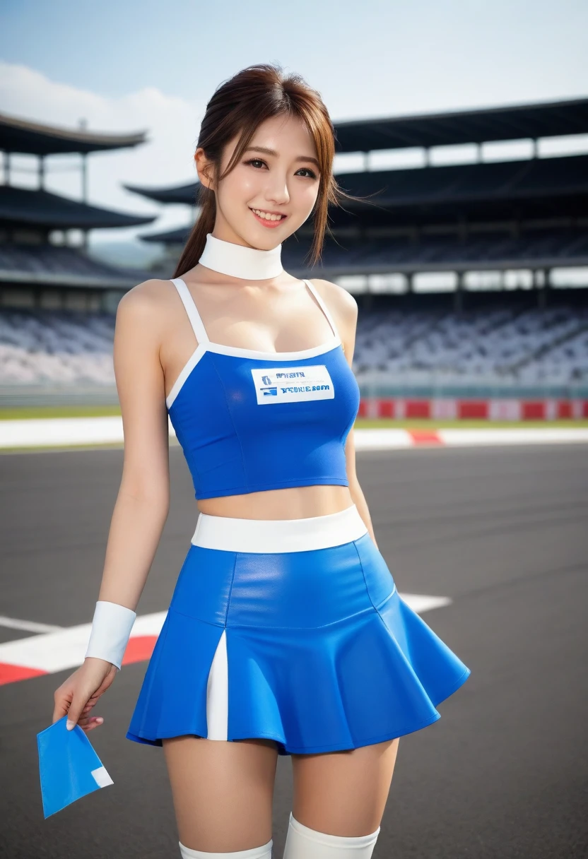 8K, Ultra-high resolution, Highest quality, masterpiece, 三分割法によるphotograph,Surreal, photograph, 1 Girl, (16 years old:1.3), pretty girl, Cute face, Beautiful eyes in every detail, 細かくdetailedに,masterpiece,, One Girl:1.2, Japan Female Announcer, blue sky, Confetti, Racing Car, flag, Small face, Very delicate facial expressions, Delicate eye depiction, Very fine hair, Upper body close-up, erotic, The only sexy Japanese woman, Healthy body shape, 16 years oldの女性, Race Queen, Large, firm, swaying bust, Sexy long legs, Glowing Skin, Soft Skin, 派手なRace Queenのコスチューム, Blue tight skirt, White Leather Long Boots, Formula 1, Auto Racing Track,Beautiful leg line beauty,Captivating thighs,Full of sex appeal,Sensual,A carefree smile,Heal the heart,Short ponytail、beauty,Long neck、Laugh a little、Please close your mouth and laugh、(((Ideal body type))),A cup small breasts :2,、Portraiture:2、Perfect Anatomy、鮮明なdetailed、detailed、Surreal、Light and shadow,Strong light