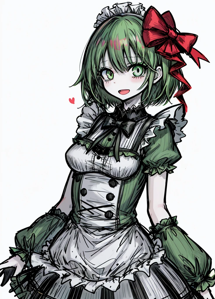 1girl ,green eyes,green hair,short maid dress ,pale skin,(high resolution, high detail, best quality),
open mouth,smile,happy, blushes, gluttonous, medium breasts