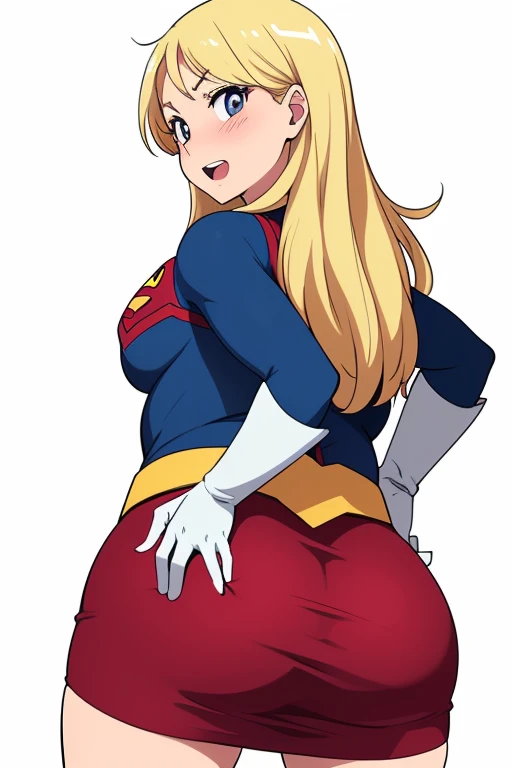 ((Highest quality, High resolution)),(Browsing Caution:1.4)、(((One Woman、Dark Eyes、Blonde、Back view、Stick your butt out、slouch、Big Asini skirt、hero girl、Supergirl))) ,Beautiful Face, (Blushing your nose、Simple white background:1.4), (Troubled smile、Open Mouth, Cowboy Shot、Retro Anime)、Plump body、View your viewers、Angle from behind、Long Hair、White gloves、