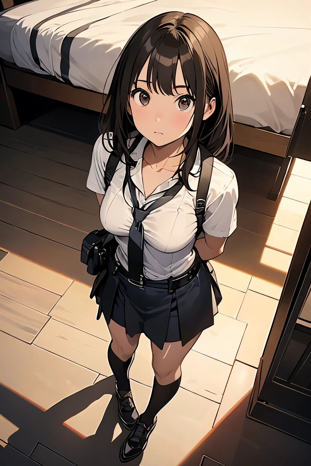 high quality, masterpiece, Ultra-high resolution, (realism: 1.4), Oil painting style, Cinema Lighting, , I stood on the empty asphalt road and looked at it., And the suspenders with the cranes flying Large Breasts Small face holster Lying in bed Looking up Sweat belt summer 脇Sweat Black Hole Gloves suit shirt mini skirt ガーターbelt Leg Links ズボンにbelt holster Hands behind your back Anxious expression Looking up Anxious face Knee-high Knee socks Knee-highソックス