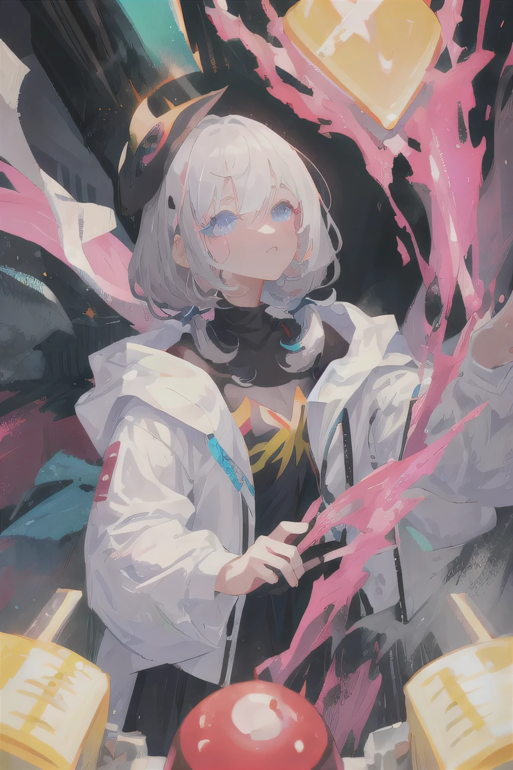 Highest quality、One girl、Hair color: black, inner white, hairstyle: long、Game Distribution、Eye color is pink-grey