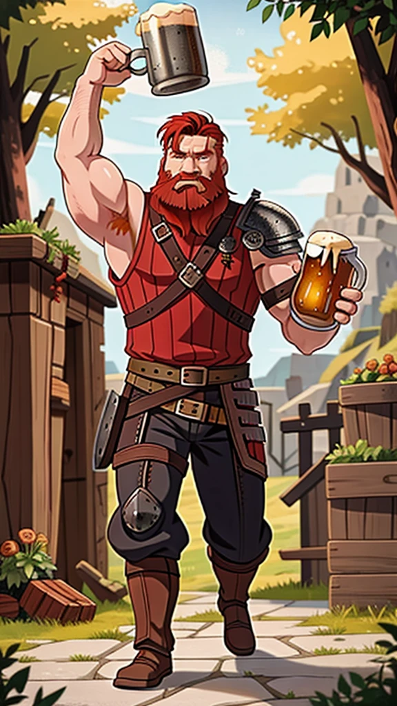 Ingólfr Einarr is a 40-year-old red-haired Viking man with a full beard, outgoing, muscular and very attractive, who wears his imposing medieval armor. hyper detailed and super realistic. cartoon style. Ingólfr Einarr raising his arm and holding a mug of beer