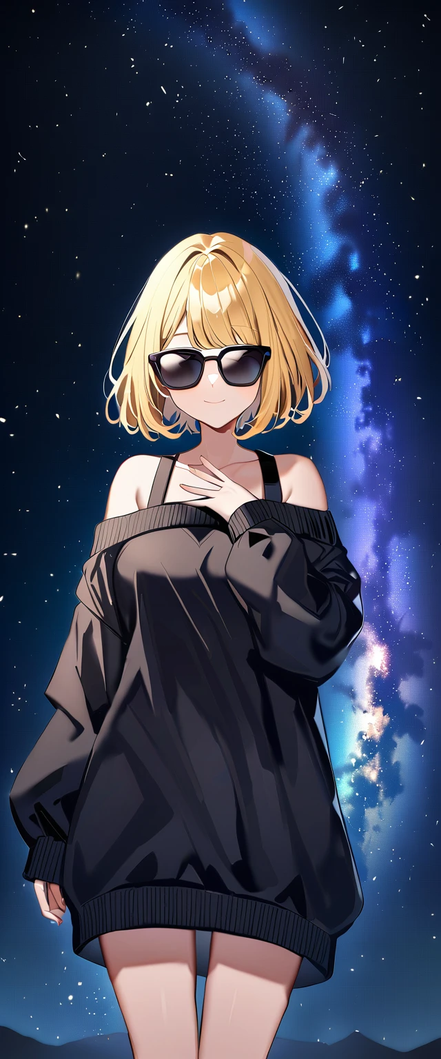(((a starry sky, the Milky Way shining beautifully in the night))), ((bare legs)), (((sunglasses, hand to sunglasses))), ((())), ((wavy hair, inward curled hair)), (()), ((blond hair, bob cut:1.3)), breasts, teenager, (looking at viewer), oversized clothes, puffy long sleeves, ((off-shoulder sweater:1.3, Quite thick shoulder straps)), ((black sweater)), collarbone, head tilt:1.3, (((blue eyes))), ((happy smile)), (((anime style))), (best quality, 4K, 8K, highres, masterpiece:1.2, ultra-detailed, ultra-detailed eyes, HDR, uhd, studio lighting, ultra-fine painting, sharp focus, physically-based rendering, extreme detail description, professional, vivid colors, bokeh)