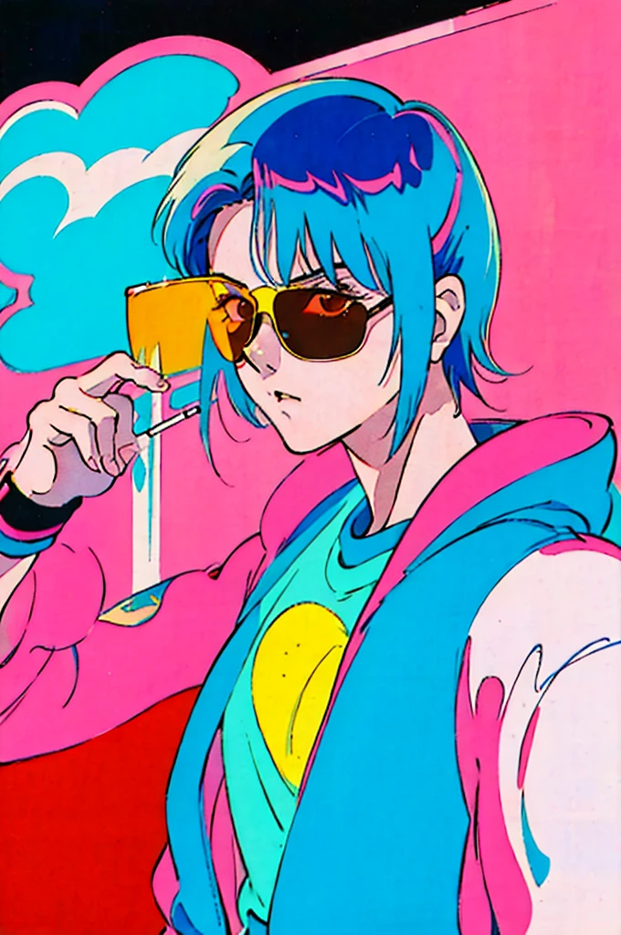 He is holding up a cigarette and smoking.。, Anime atmosphere of the 80s, 90s anime style, 90s anime style, 80s anime style, In 80s anime art style, 90s anime art style, Anime atmosphere, 80s anime art style, 1980's anime style,Neon Light,sunglasses