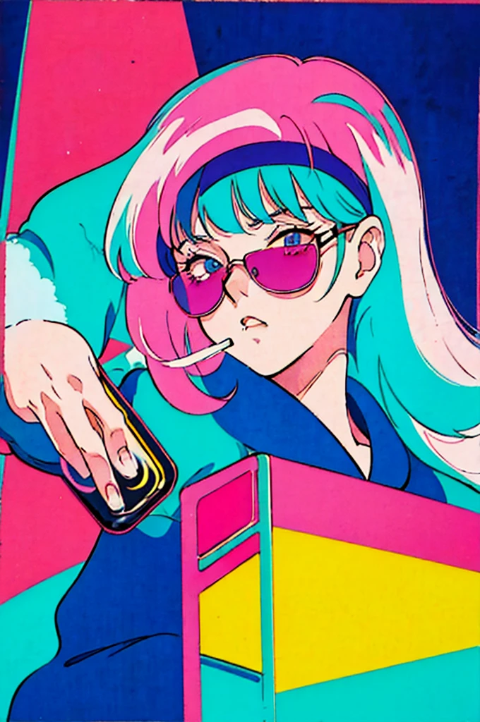 He is holding up a cigarette and smoking.。, Anime atmosphere of the 80s, 90s anime style, 90s anime style, 80s anime style, In 80s anime art style, 90s anime art style, Anime atmosphere, 80s anime art style, 1980's anime style,Neon Light,sunglasses