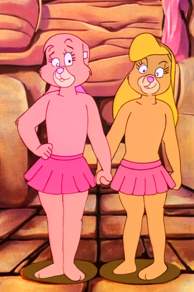 Furry Yellow bunny with white eyes with hot pink pupil and pink collar with a heart, with mat instead of chest without clothes just a skirt cartoonish Hanna-Barbera type, Women, Mexican pink volume skirt, BALD, with her hands holding and in the skirt