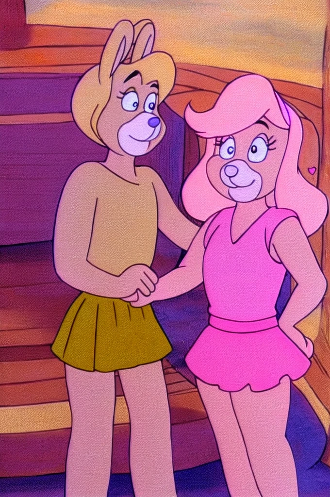 Furry Yellow bunny with white eyes with hot pink pupil and pink collar with a heart, with mat instead of chest without clothes just a skirt cartoonish Hanna-Barbera type, Women, Mexican pink volume skirt, BALD, with her hands holding and in the skirt