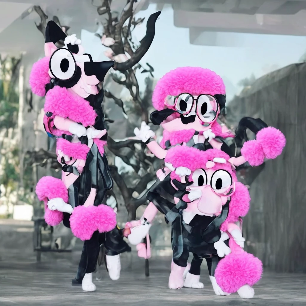 female, gothic, pink fur, pink body, long tail, wear huge diaper, black round glasses, long black hair