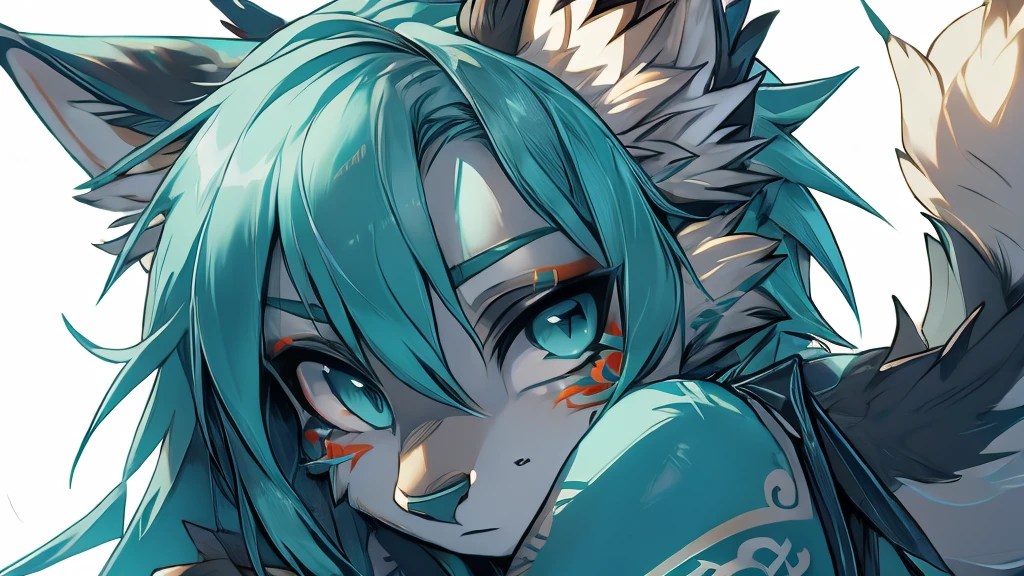 Miku Hatsune, add high definition_detail:1, blue fur,kitsune ears, tribal tattoo add_detail:1