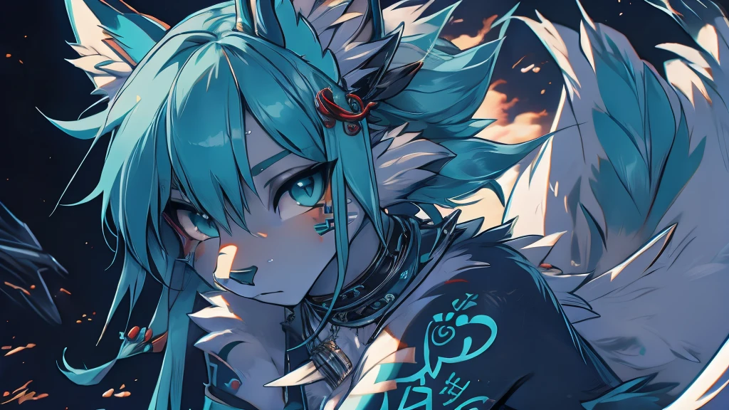 Miku Hatsune, add high definition_detail:1, blue fur,kitsune ears, tribal tattoo add_detail:1