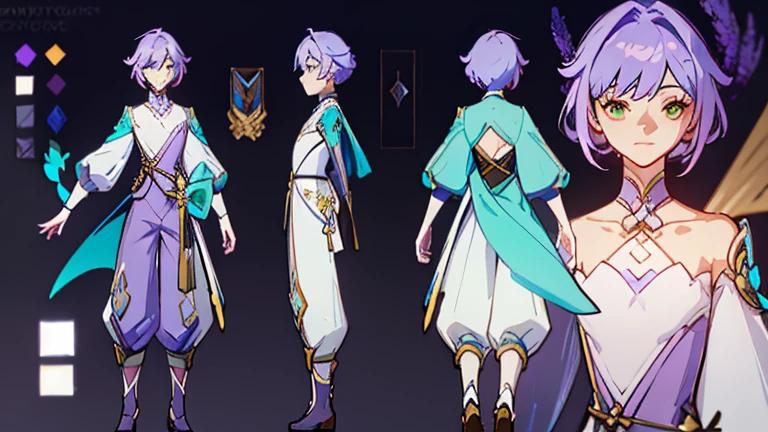 (Masterpiece, best quality), detailed, 1 woman, ((character concept art)), ((character design sheet, same character, front, side, back)), full body, body complete, 1 female, 1 women. Detailed face, character design sheet full body, Highly detailed, character sheet, character design, Many parts, pale skin, green eyes, short purple hair, male hairstyle, short male hair, lavender flower, lavender flower reference, lavender flower character reference, lavender flower inspired, male clothes, flat chest, Solarpunk, Solarpunk reference, Solarpunk inspired outfit, pants, white, gold, pastel purple, dark green, cyan color palette.