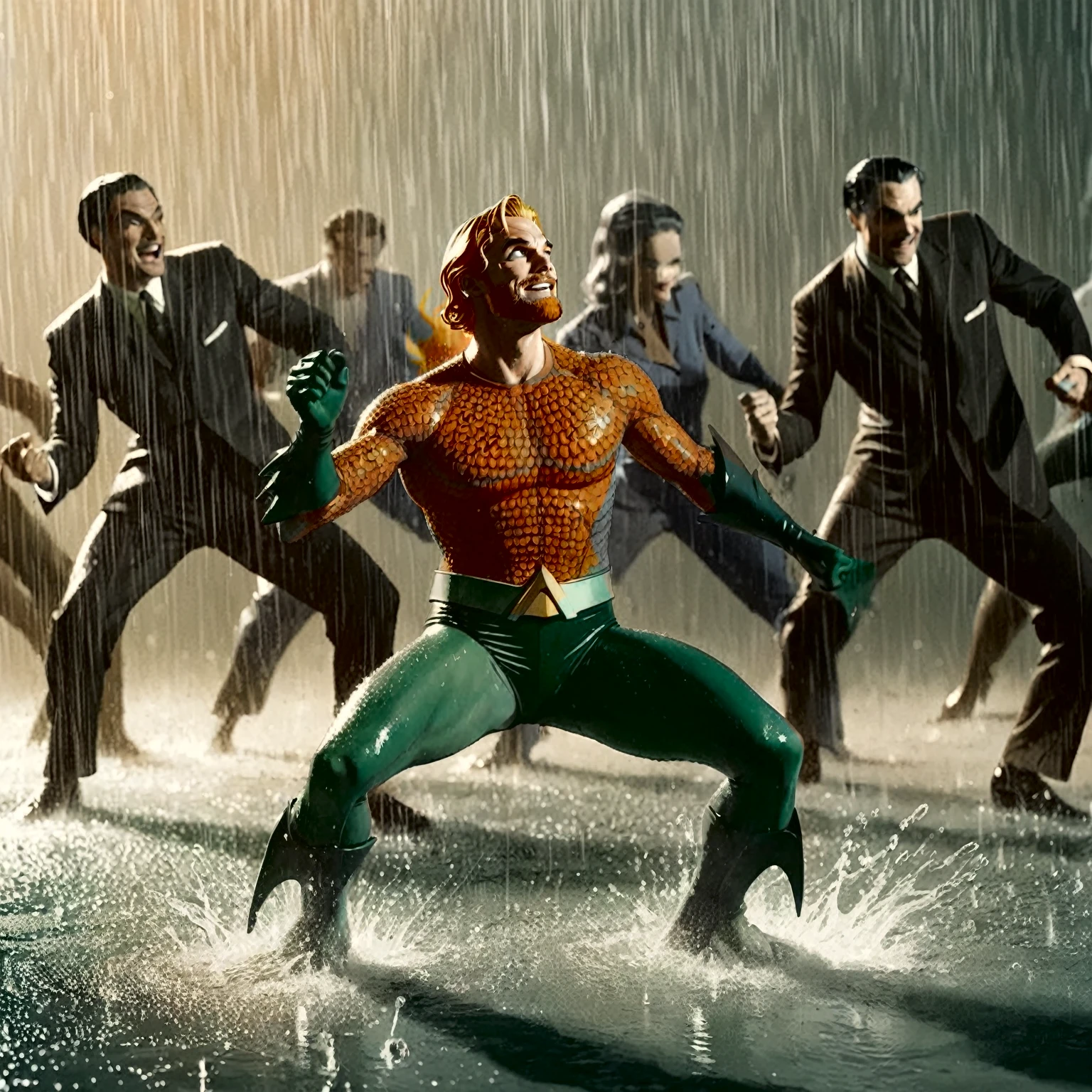 illustrate aquaman dancing stanky boogie in the rain, (vintage green and orange hero aquatic suit), A black and white world, each drop of rain unleashes a ripple of color, bringing color to this otherise mundane world, color reverberating out from each raindrop as it makes contact with the ground, sublte coloring to enrich the black and white image, rich color grading, sense of depth, shading and shadows (random wild weird dall-e), webcomic, beyond weird, hyper maximal, utterly strange, too weird, unknown, **wordless** strangely dancing aquaman, purely maximal blissed, elated, contortion, stretched skewed, outlandish, odd, weird, absurd, zany, silly, contorted, unhinged, stylish illustration in the style of Joelle Jones of vintage classic sea hero aquaman dancing a stanky boogie dance, warm color grading, cinematic coloring lighting texture, 1940's watercolor background