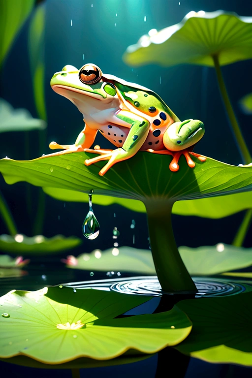 A frog dancing on a lotus leaf, cinematic lighting, detailed amphibian anatomy, water droplets, photorealistic, 8k, high quality, intricate details, lush green foliage, natural environment, dynamic pose, reflection in water, dramatic shadows, vibrant colors, artistic composition
