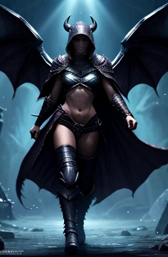 Dragonborn, wings, female, scaly body, skinny, big wings on her back, glowing eyes, using magic, clothes, arms, mortal face, human body, pretty, full body, no tail, cloak