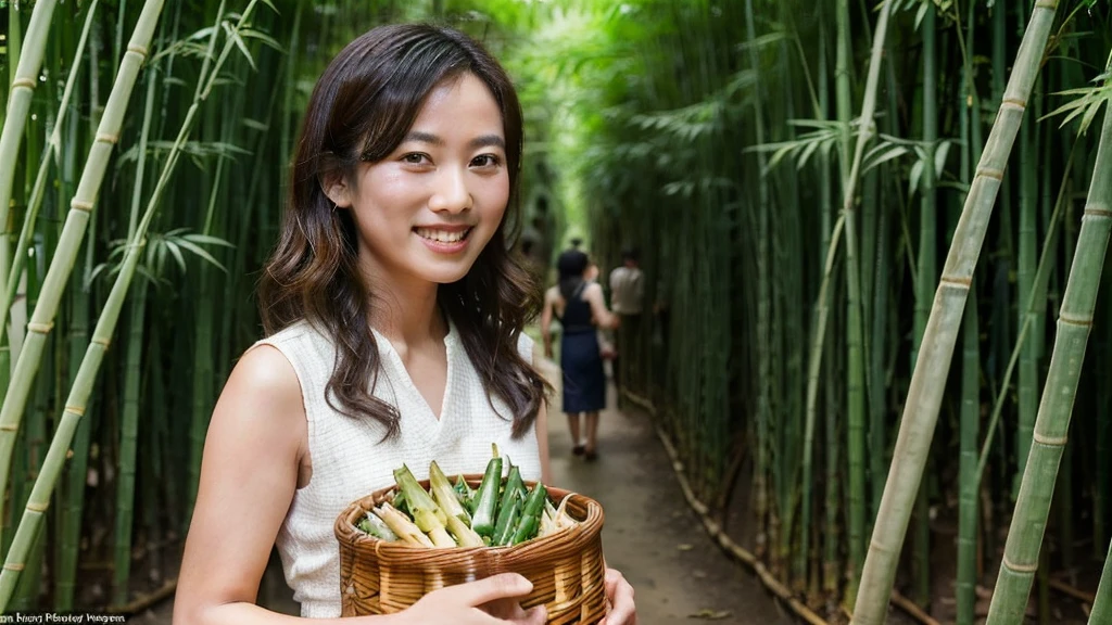 ((best quality)), ((masterpiece)), (detailed)，A figure walked out from the depths of the bamboo forest，Wearing a simple dress，Holding a basket of freshly picked bamboo shoots，With a warm smile on his face