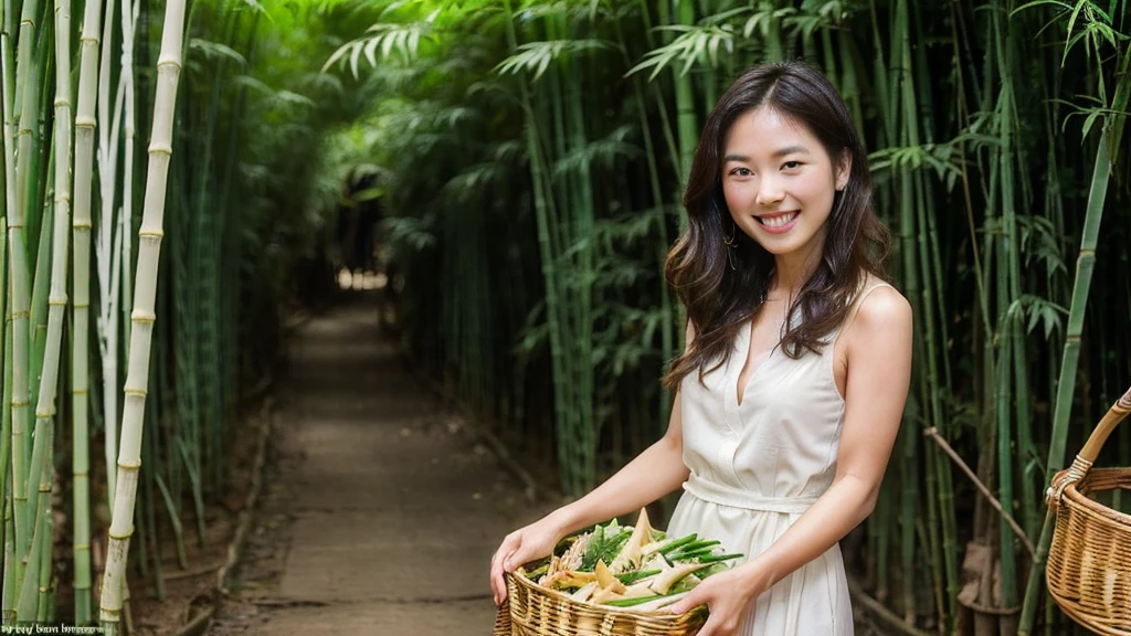 ((best quality)), ((masterpiece)), (detailed)，A figure walked out from the depths of the bamboo forest，Wearing a simple dress，Holding a basket of freshly picked bamboo shoots，With a warm smile on his face