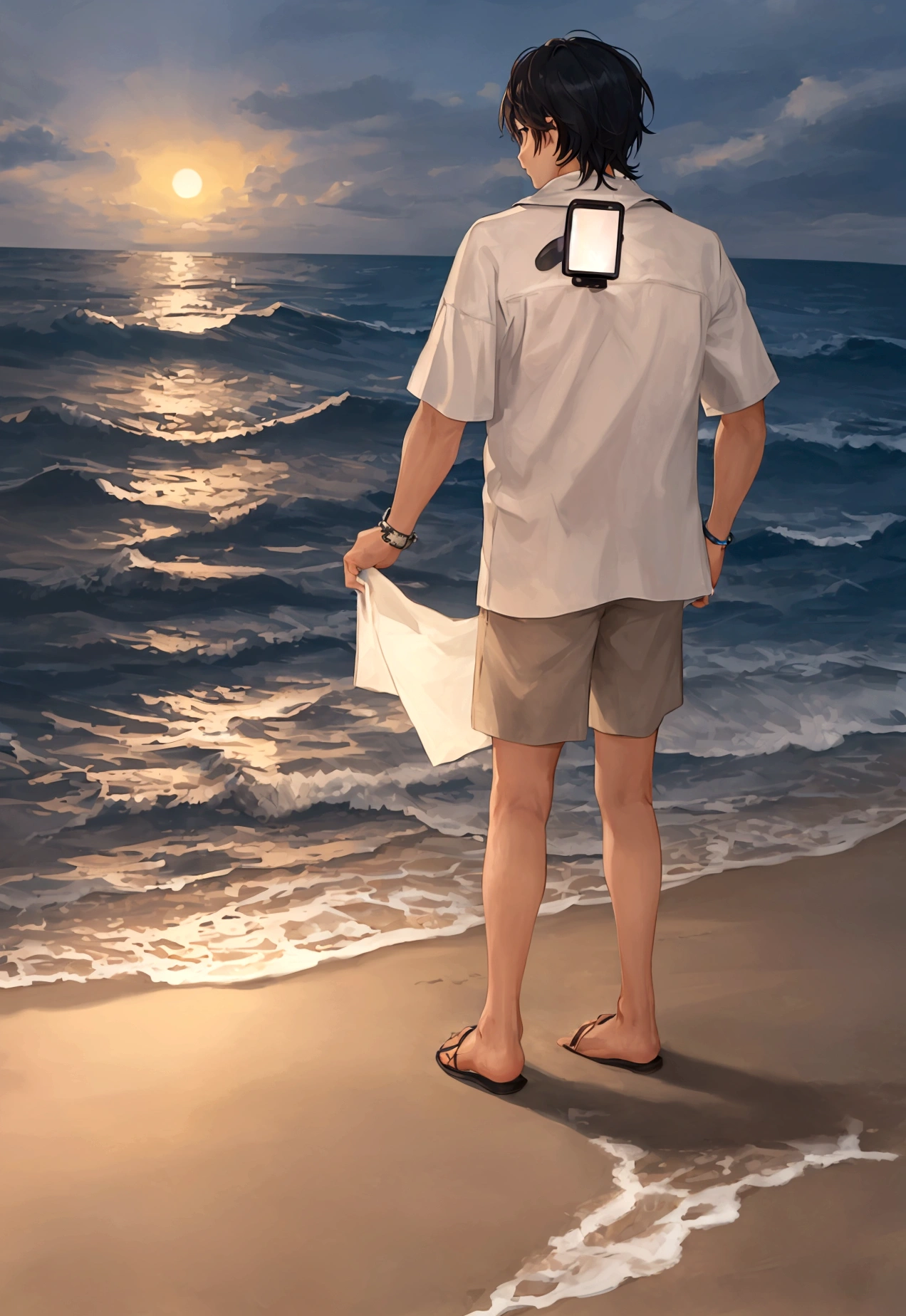 Man on the beach at night Backwards Looking at smartphone